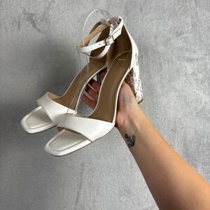 Aldo White Butterfly Print Block Heel Ankle Strap Sandals Square Toe Womens 11